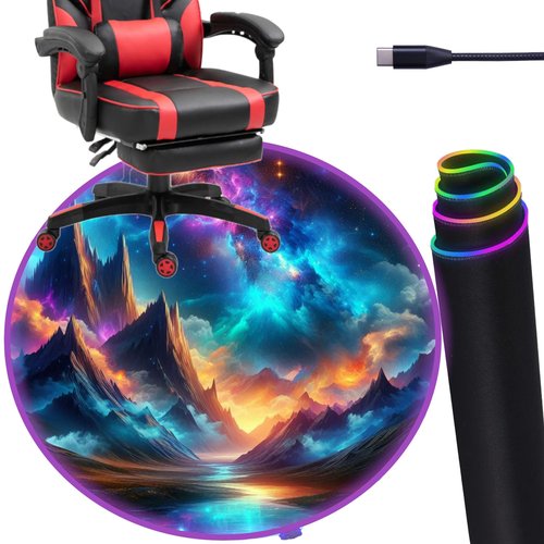 DEALZOOM Gaming Chair Mat LED RGB Gaming Lights (Mountains 47”) - Noise Cancelling, Anti-Slip Gamer Floor Mat – Scratch Resistant Computer Gaming Mat for Chair – Office Chair Mat for Hardwood Floor
