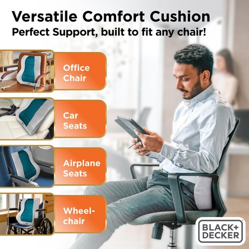 BLACK+DECKER Memory Foam Lumbar Support Pillow with Cooling Gel – High Back Lumbar Cushion for Office, Car, Wheelchair & Airplane – Ergonomic, Pain Relief, Adjustable Strap, Washable Cover,Grey/Black