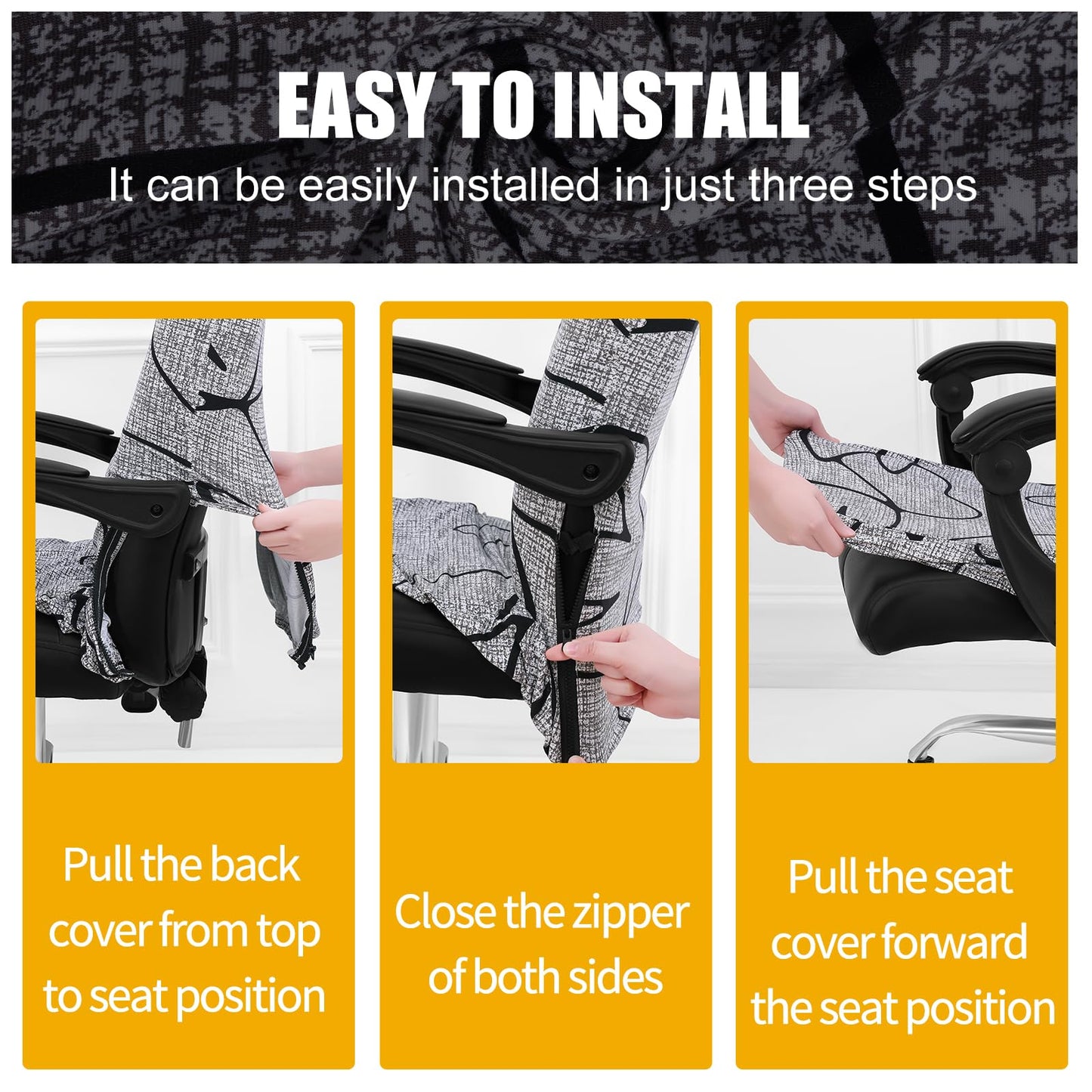 Smiry Stretch Printed Office Computer Chair Covers, Universal Desk Rotating Chair Slipcovers Removable Washable, Soft Fit Anti-Dust Spandex Protector Cover with Zipper, Grey and Black