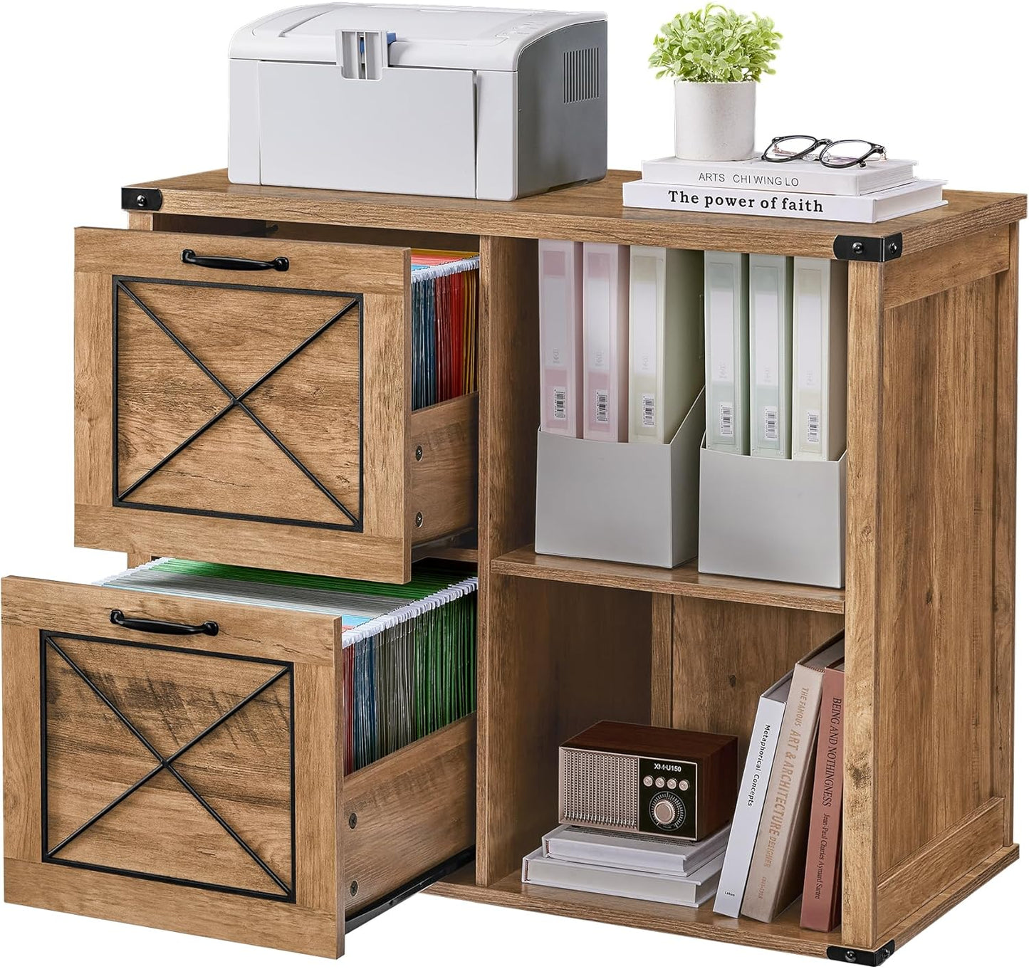 VASAGLE Lateral File Cabinet - Stylish Filing Cabinet with 2 Drawers & Open Compartments | Honey Brown Finish