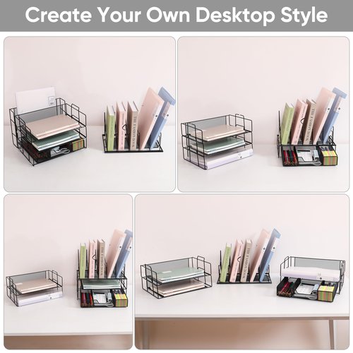 VANZAVANZU 5-Tier Desk Paper Letter Tray Organizer with 5 File Sorter Holders Large Desk File Organizer with Sliding Drawer Office Desktop Organizer, Variety of Stacking Style - Dark Black