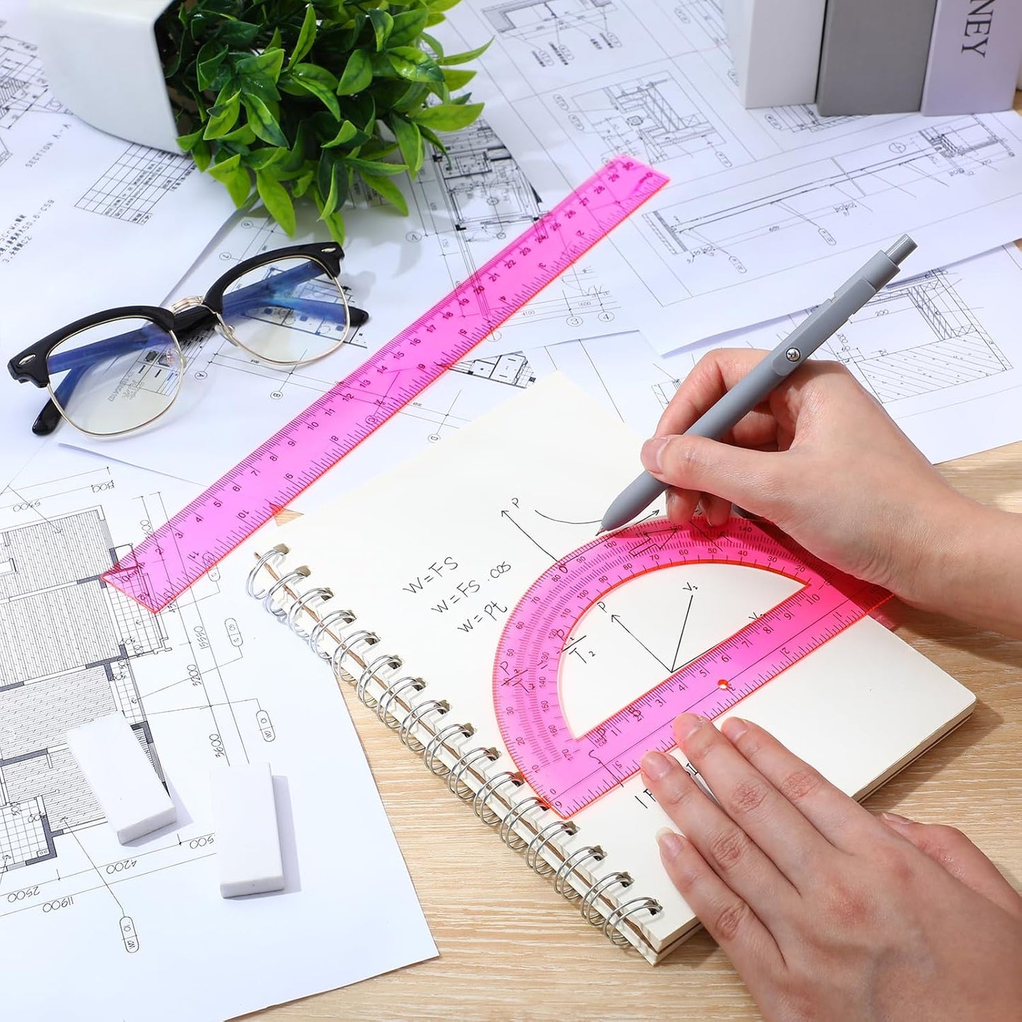 Zonon 12'' Plastic Ruler & 6'' Protractor Set - Clear Math Geometry Supplies for School | Pink
