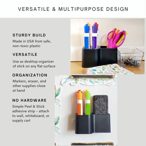 Storage Theory Magnetic Dry Erase Marker Holder – Desk & Whiteboard Pen Organizer for Office, Classroom, Fridge – Space-Saving Marker & Eraser Caddy – Black, 2 Pack