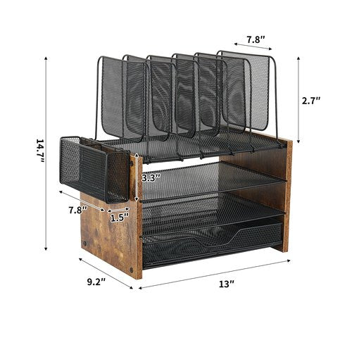 OPNICE Wood Desk Organizers and Accessories, 4-Tier Workspace Desktop Paper Organizer with Drawer, 5 Vertical File Holders and Pen Holder for Office Supplies