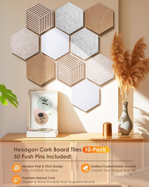 Hexagon Cork Boards - 10 Pack Bulletin Board Tiles with 50 Pins | Minimalist Wall Decor for Home & Office