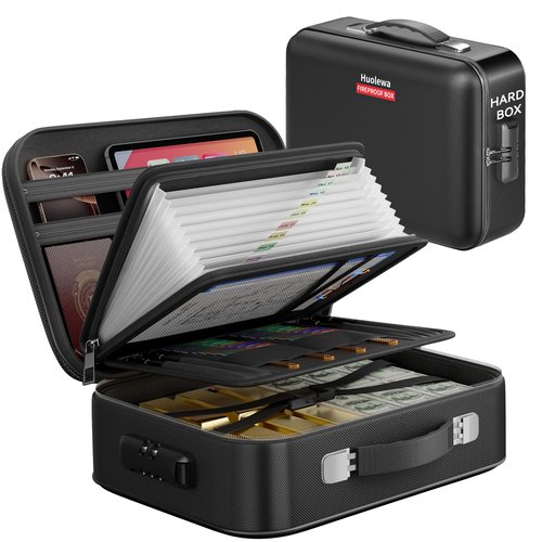 Fireproof Document Box, Hard Case Fireproof Box with Lock, Portable Hard-Shell Fireproof Water Resistant Document Safe for Important Documents, Laptops, Passports, Files and More