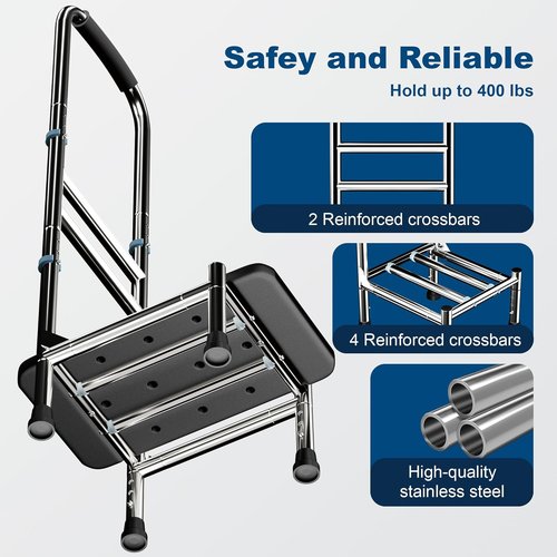 Deewow Step Stool - Adjustable Handle & Legs for Seniors | Stainless Steel Anti-Slip Design, 400lbs Capacity