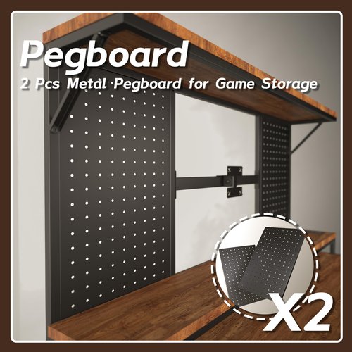 Gaming Desk with LED Lights & Power Outlets, 47 Inch Office Desk with Monitor Stand and Storage Shelves, Computer Desk with Pegboards and Adjustable TV Mount for Home Office, Bedroom, Rustic Brown