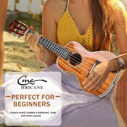 Hricane Professional Concert Ukulele 23 Inch for Adults, Koa Acacia Solid Wood Ukelele Beginners Kit Glossy Satin Finished Body with Gig Bag Tuner Strap Strings Set Pick