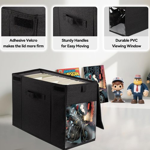 Comic Book Storage Box - 2 Pack Collapsible Organizer with Lid & Clear Window | Heavy Duty Black