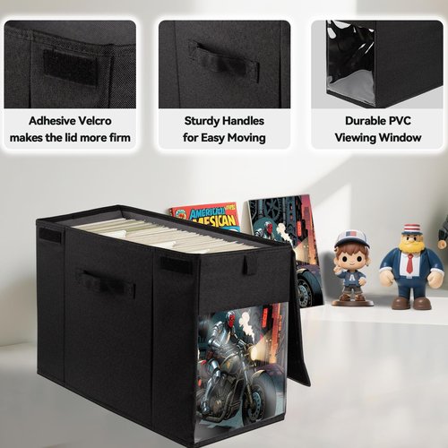 ComfortKeeper 2 Pack Comic Book Storage Box with Lid for Modern Age, Collapsible Magazine Organizer with Clear Window, Holds 150 Comic Books Heavy Duty Case Container Holder, Black