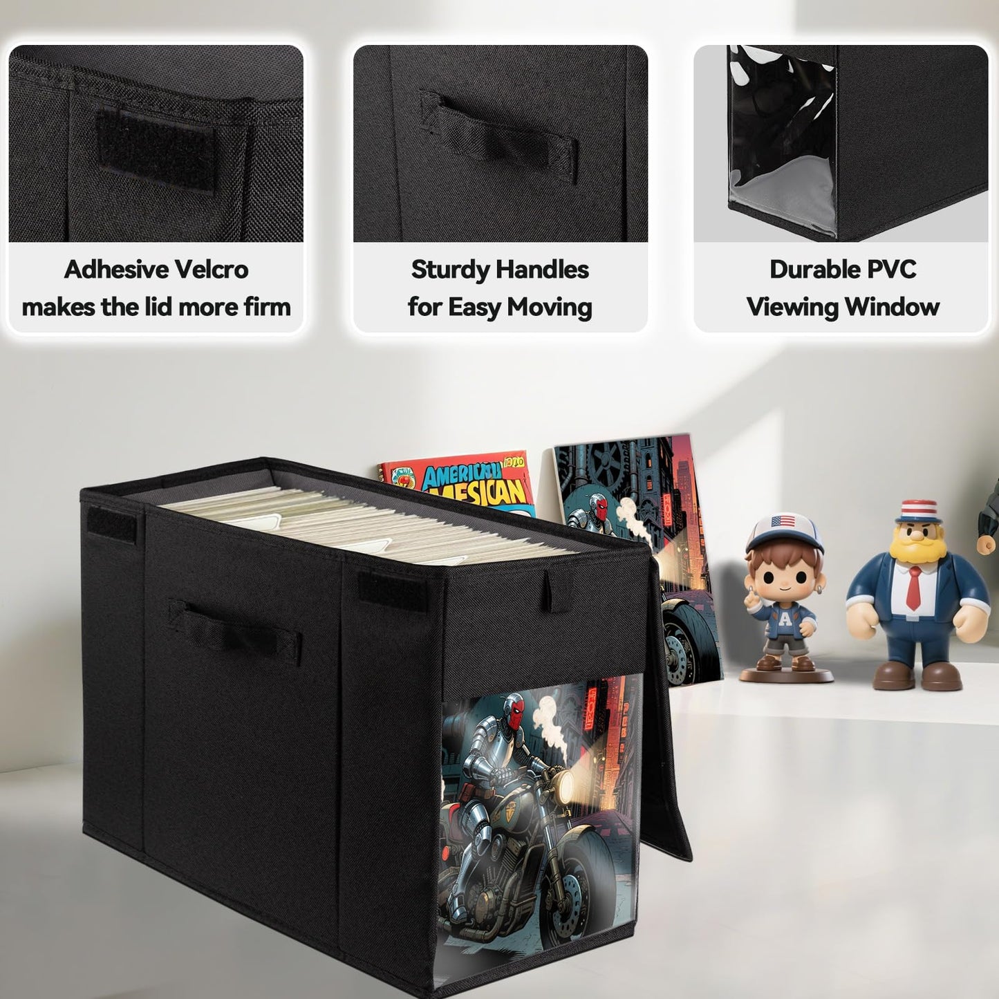 ComfortKeeper 2 Pack Comic Book Storage Box with Lid for Modern Age, Collapsible Magazine Organizer with Clear Window, Heavy Duty Case Container Holder, Black