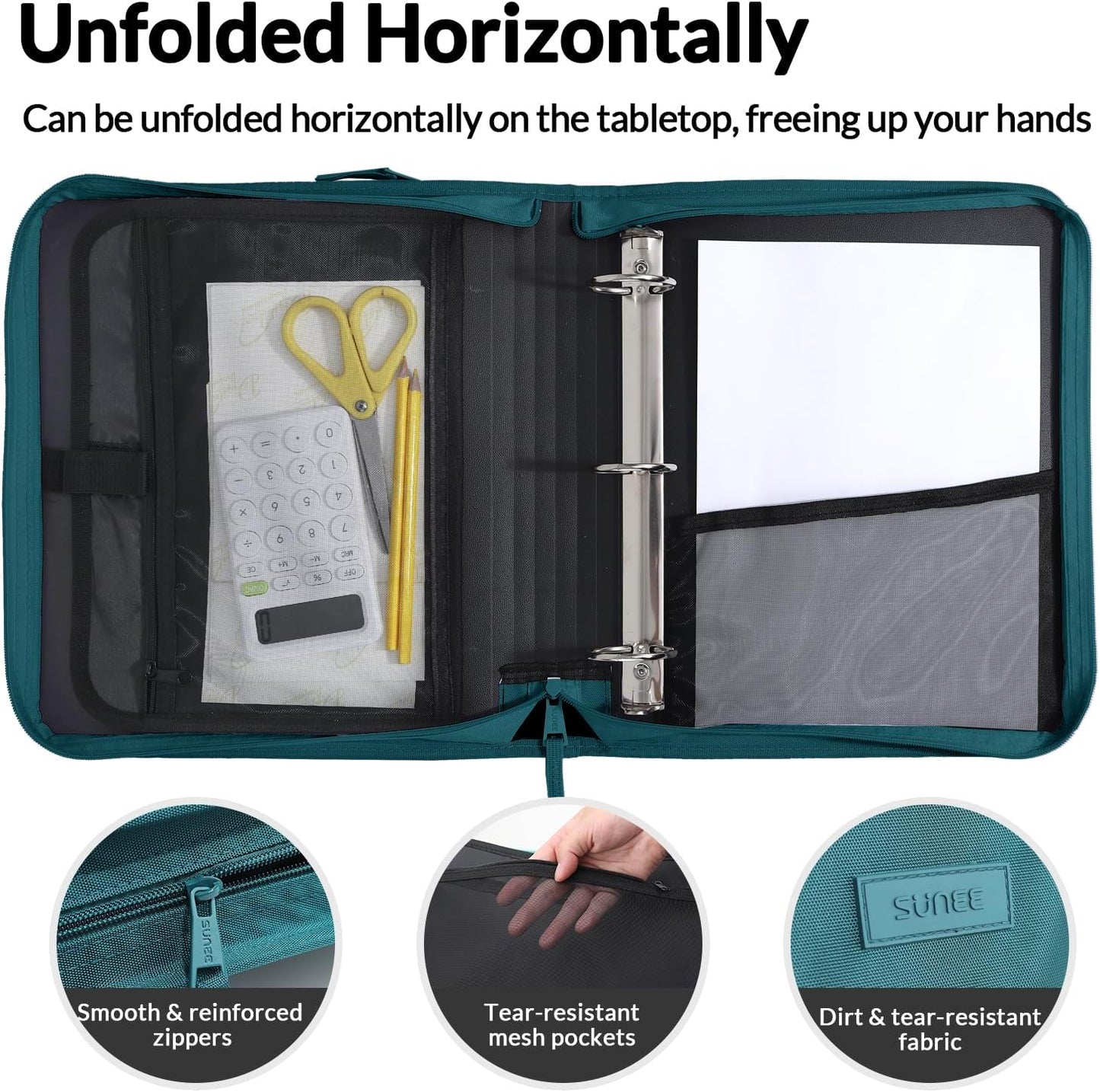 SUNEE Zippered Binder Bag - 2-Inch 3-Ring O-Ring, 500-Sheet Capacity, Multi-Pocket Organizer | Deep Teal-Green