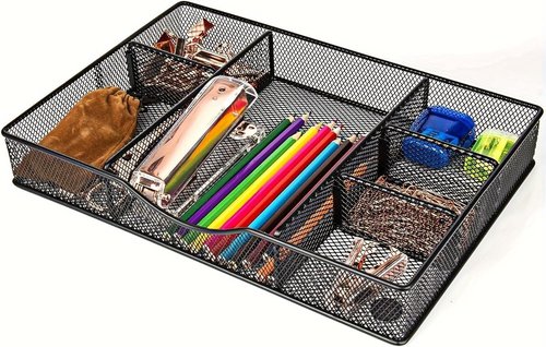 VyGrow Desk Drawer Organizer Tray, Metal Mesh Drawer Organizers Office, 6 Adjustable Compartment, Desk Organizer Tray for Home Office 12.87L x 8.73D x 1.96H inch, Black, 1PC Medium