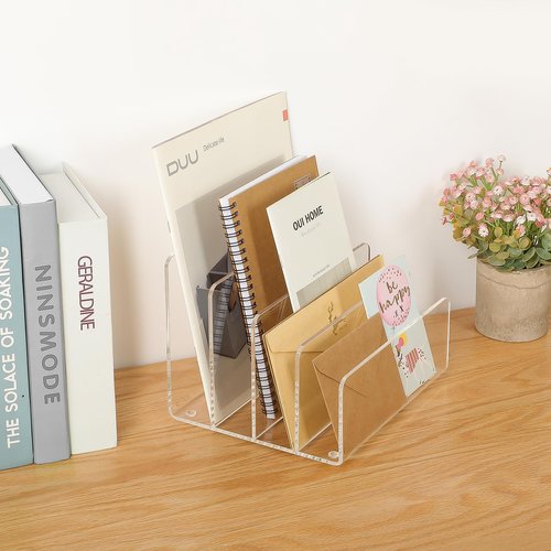 MaxGear Acrylic File Holder, 4 Section Desk Organizer for Envelopes, Letters, Documents, Notebooks, and Electronics, Clear Vertical File Sorter