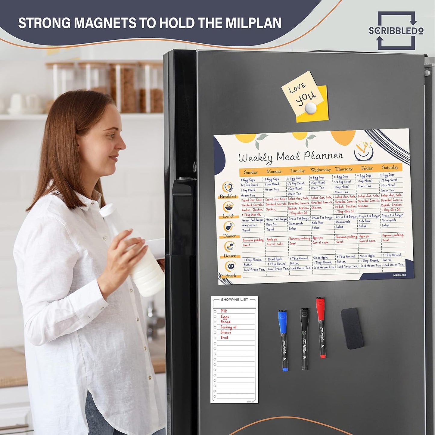 Skiennix Weekly Meal Planner - 13" x 17" Magnetic Dry Erase Whiteboard for Fridge | Includes 6 Markers