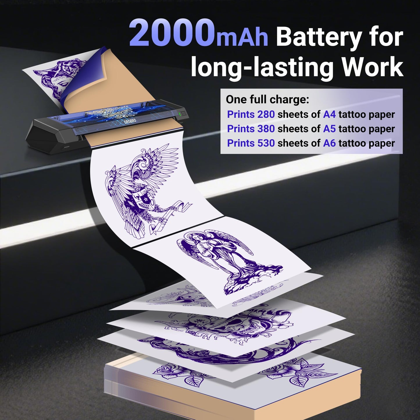 ORGBRO Tattoo Stencil Printer, X8 Thermal Tattoo Transfer Printer with 30pcs Transfer Paper, A4/A5/A6 3-in-1 Wireless Tattoo Machine for Tattoo Artists & Beginners, Compatible with Phone/Tablet/PC