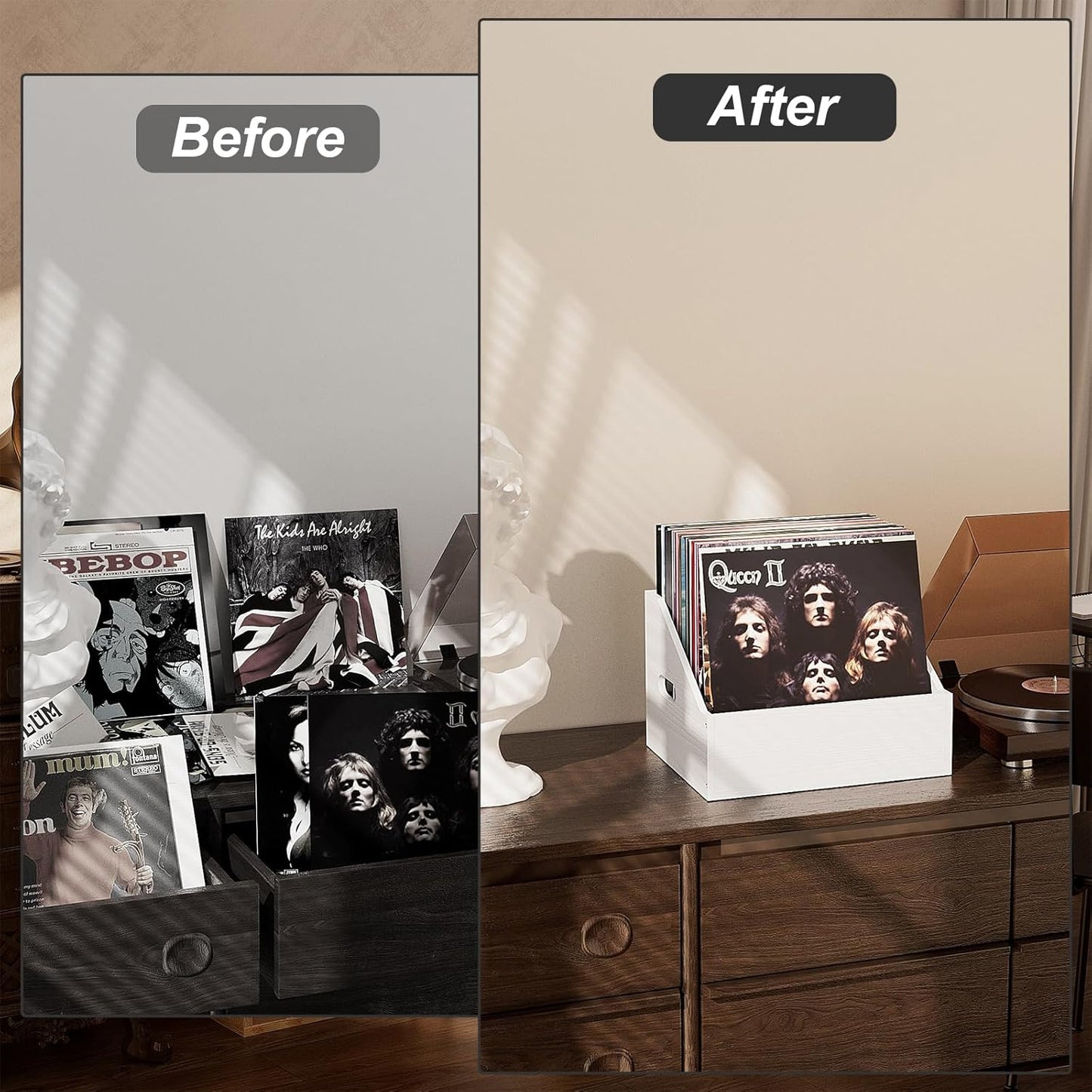 Skiennix Vinyl Record Storage - Retro Durable Crate for 60+ Records | Stylish Album Organizer in White