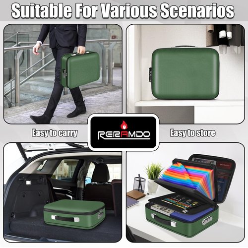 Fireproof Document Box, Hard Shell Fireproof Box, Document Organizer with Lock, Fireproof Water Resistant box, Portable Documents Safe Box for Important Document Certificates, Laptop, Passports, Green