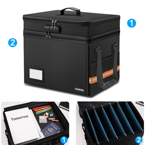 ELOBOON Fireproof Document Box with 13 Pockets Accordian File Organizer, Water-Resistant File Organizer Box with Lock, Collapsible File Storage Cabinet for Hanging Letter/Legal Folder, Black
