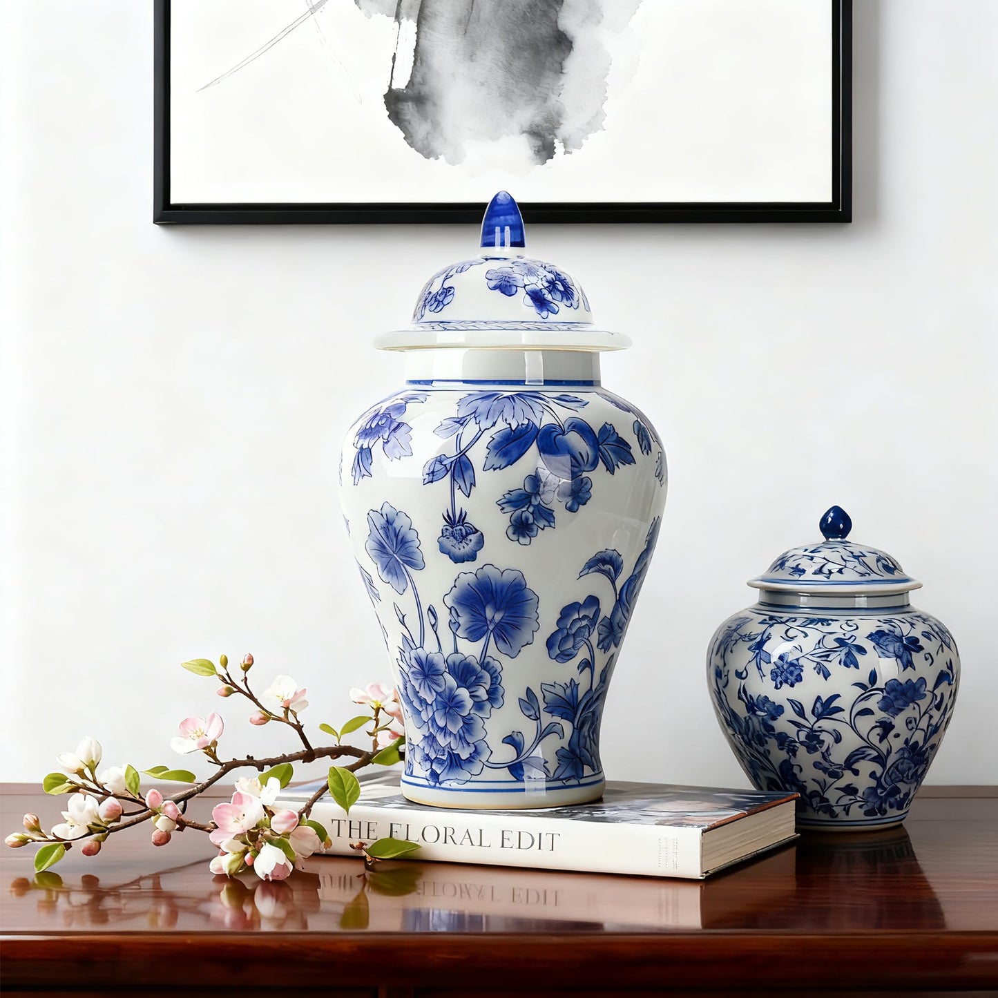 Blue and White Ginger Jar with Lid Antique Style Porcelain Ginger Jars Chinoiserie Home Decorative