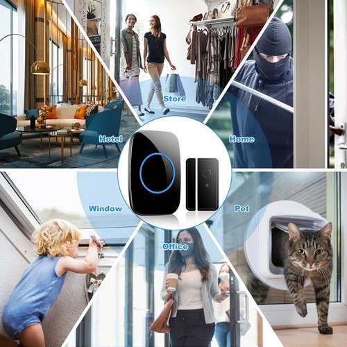 FullHouse Wireless Door Chime - 1000ft Range, 60 Chimes & 5 Volume Levels | Black, 4 Sensors + 2 Receivers