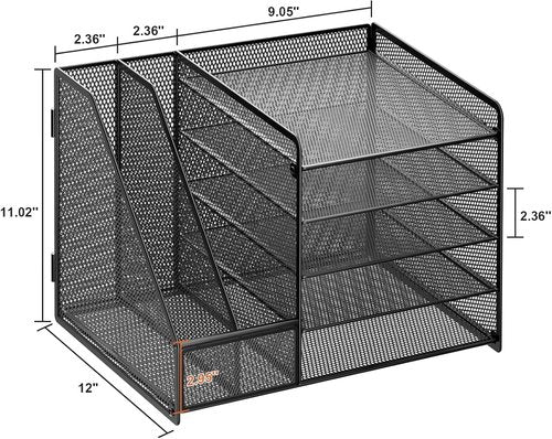 Marbrasse Desk Organizer - 5-Tier Mesh Letter Tray with File Holder & Magazine Storage | Black
