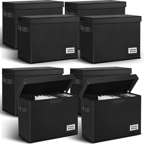 Lincia 8 Pack Comic Book Storage Boxes, 15.4" x 7.5" x 11.4" Book Box Organizer Collapsible with Handles, Stackable Short Bin to Holds 150-180 Comics for Home School Classroom, Black