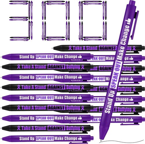 Cholemy 300 Pcs Domestic Violence Awareness Item Bulk Purple Ribbon Ballpoint Pens Bulk Black Ink Retractable for Stop Domestic Violence Event Party Favors Activity Supplies