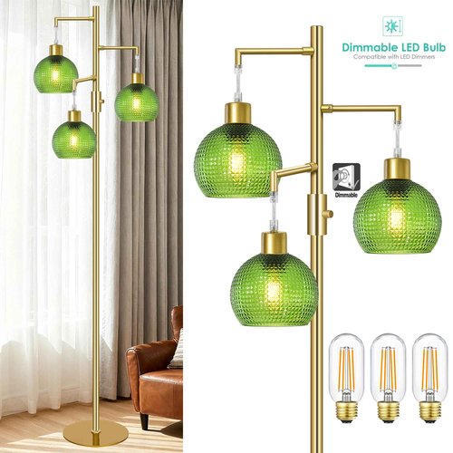 Duoled Glass Floor Lamp for Living Room, Modern Standing Lamp with Green Shade, 3 Lights Tree Lamp with 3 x 600LM Bulb, Dimmable Glass Tall Lamps for Bedroom