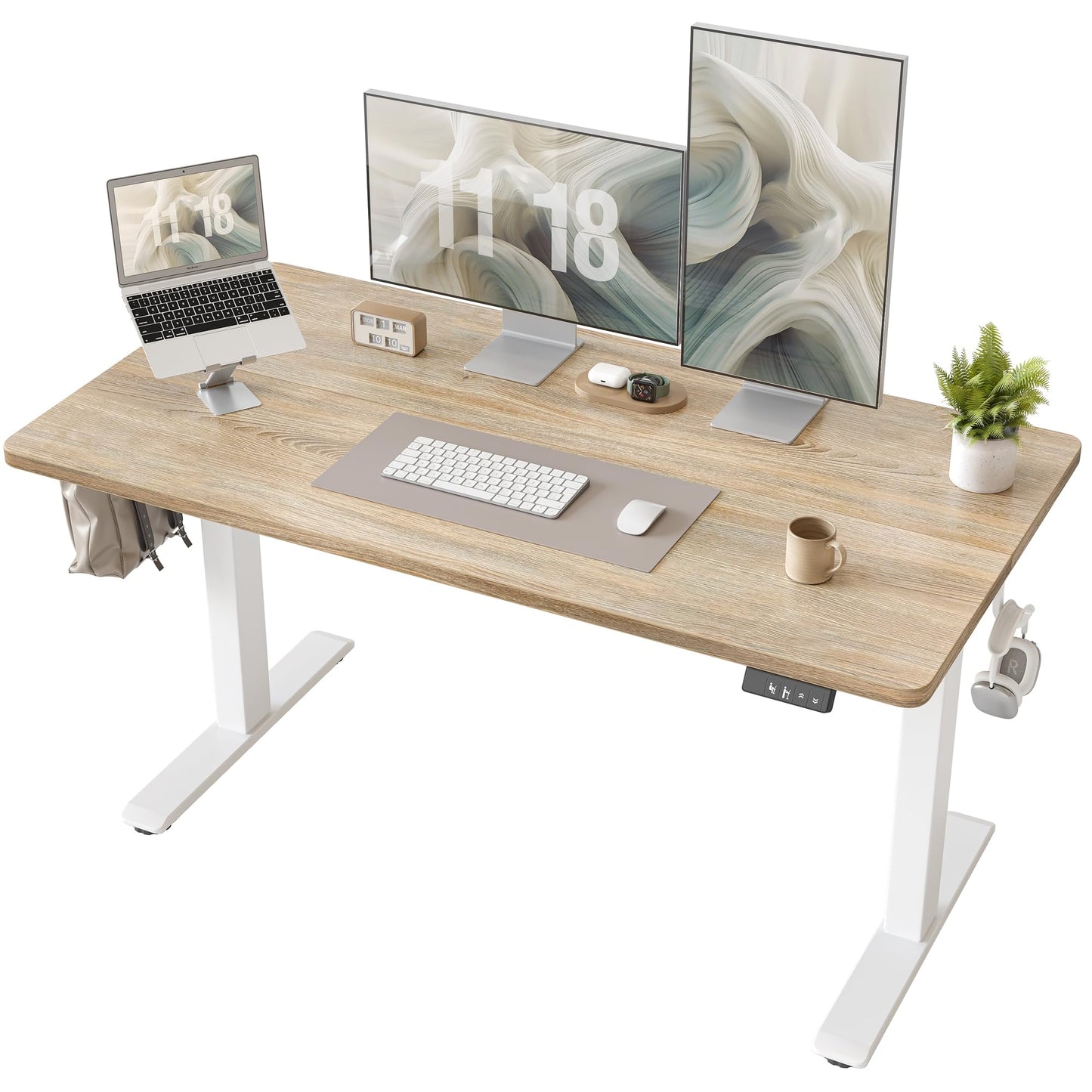TIQLAB Electric Height Adjustable Standing Desk 47.2×23.6 inch, Sit Stand Desk for Work, Study, Memory Controller, White Frame & Maple Top Computer Workstation for Home Office