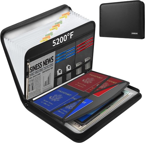 JUNDUN Fireproof Document Organizer - 13 Pocket Accordion File with Zipper & Labels for A4/Letter Files