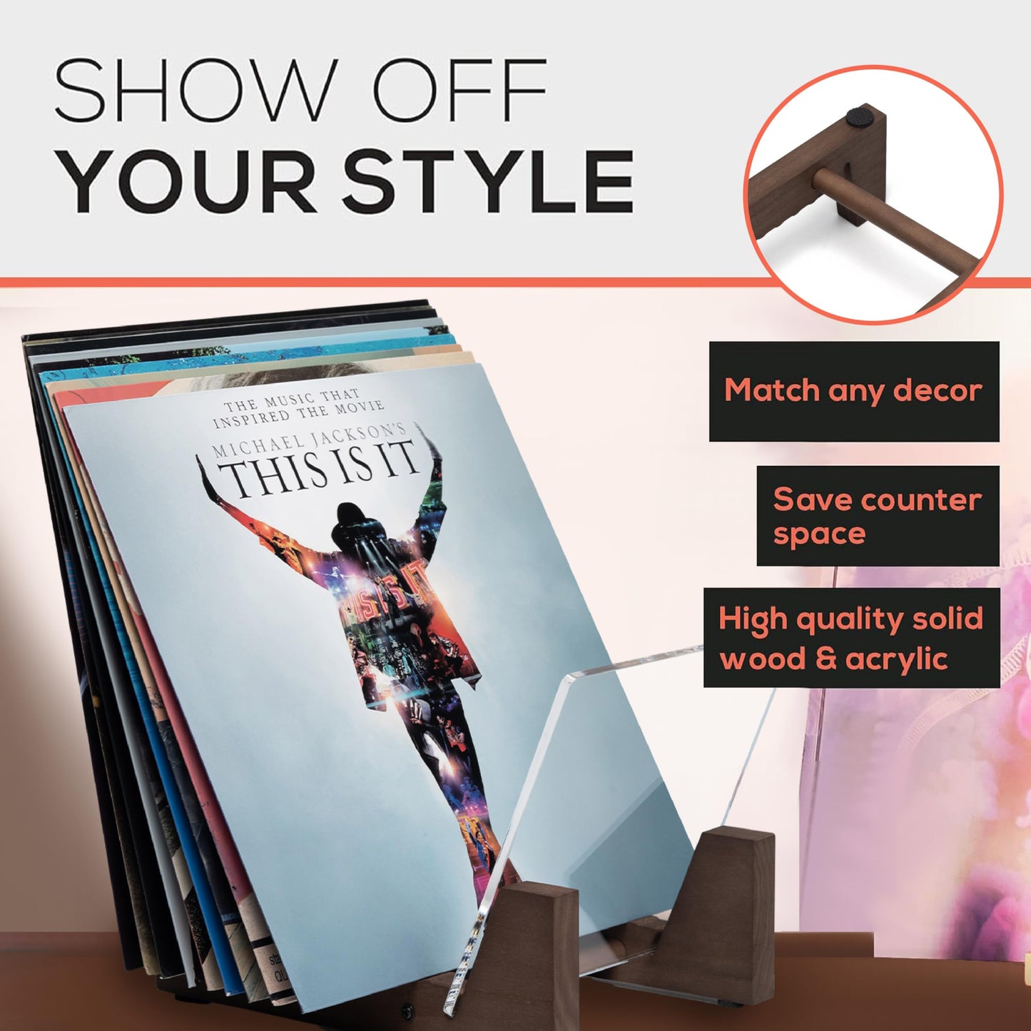 KAIU Vinyl Record Storage Holder - Stacks up to 30 Albums, 7 or 12 inch - Solid Wood Stand with Clear Acrylic Ends - Display Your Singles and LPs in This Modern Portable Rack Unit