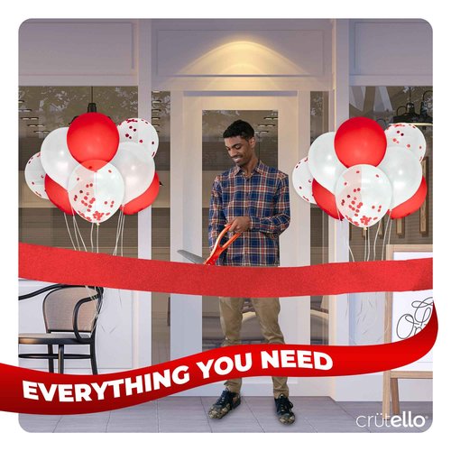 Crutello Ribbon Cutting Ceremony Kit - 21"Giant Scissors with Red Handle, 30ft Sparkle Giant Red Ribbon 4"Wide, 24 Balloons & 90ft Balloon Band for Grand Opening Decorations