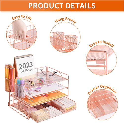 Lavatino 4-Tier Desk Paper Letter Tray Organizer for Desk Accessories & Workspace Organizers with Drawer and 2 Pen Holder for Home, School, Office Supplies Storage (Rose Gold)