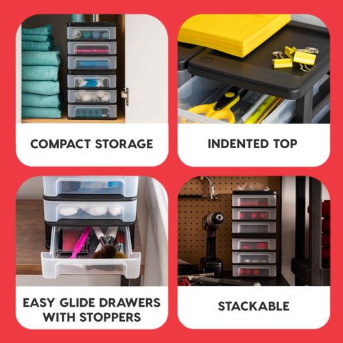 IRIS USA Plastic Stacking Desk Top 3-Drawer Storage Organizer, 2-Pack, for Makeup Vanity Nail Polish Bathroom Stationery Art Craft Supplies Kitchen Office Garage and Small Organization, Medium, Black