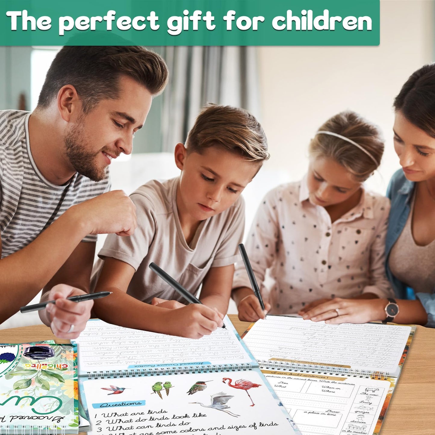 chiazllta 4 Pack Grooved Cursive Handwriting Practice Kit with Disappearing Ink Pens Magic Reusable Grooved Cursive Writing Workbooks Copybook for Beginners Kids (Words&Sentence&Reading&Letters)