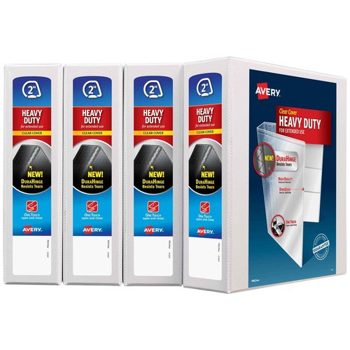 Avery Heavy-Duty View 3 Ring Binder, 2" One Touch Slant Rings, Holds 8.5" x 11" Paper, 4 White Binders (79790)