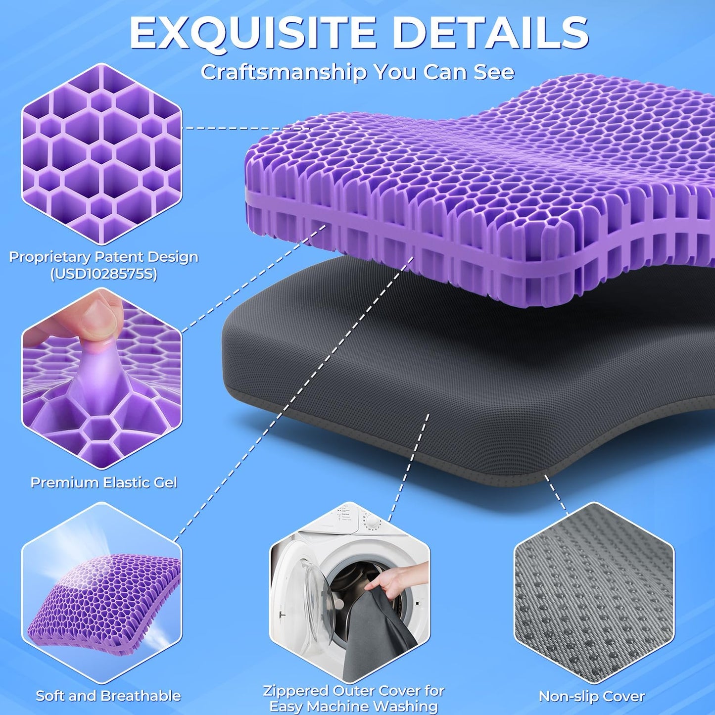 TushGuard Gel Seat Cushion for Long Sitting, Enlarged & Thickened Patent Design, Breathable Cooling for Office Chair, Soft Car Seat Cushion for Wheelchair (Standard, Grey)
