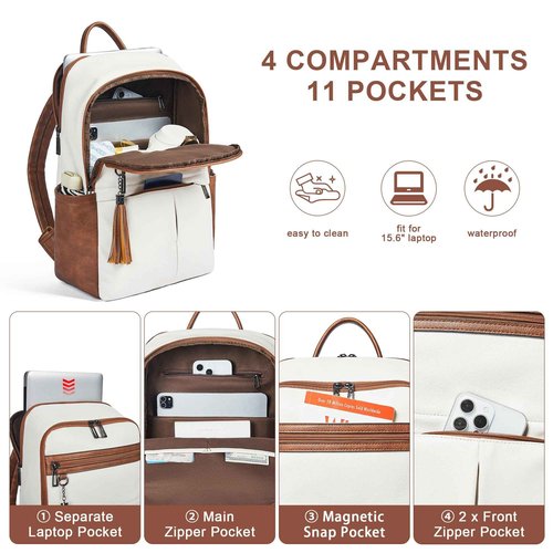 Leather Laptop Backpack for Women, 15.6" Causal Daypack Backpacks Purse Computer Backpack with Laptop Compartment for Travel Work College Business, Beige Brown