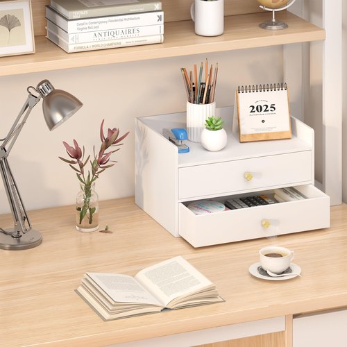 Xadgve Bamboo Desk Organizer - Stackable, No Assembly Required, Ideal for Office/Home Use - Perfect for Toiletries, Stationery, Accessories. (White, Two level drawer box with sides)