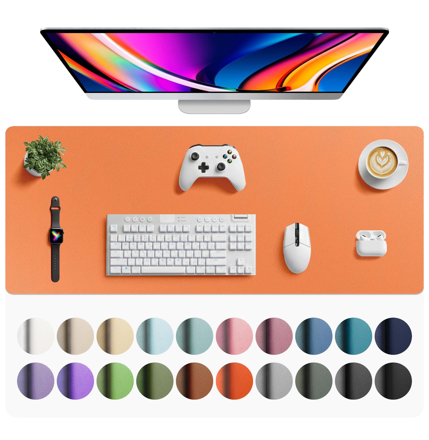Aothia Faux Leather Desk Mat - Large Mouse Pad, Non-Slip PU Leather Blotter, Waterproof Writing Surface for Office and Home (Hermes Orange, 42" x 17")