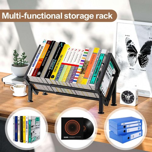 Adjustable Desktop Bookshelf for Desk Book Organizer, Tilting Tabletop Bookshelf in Office Home/Living Room, Vinyl Record Storage Holder Book Rack for Magazine/CDs/Books/Vinyls Display (Black)