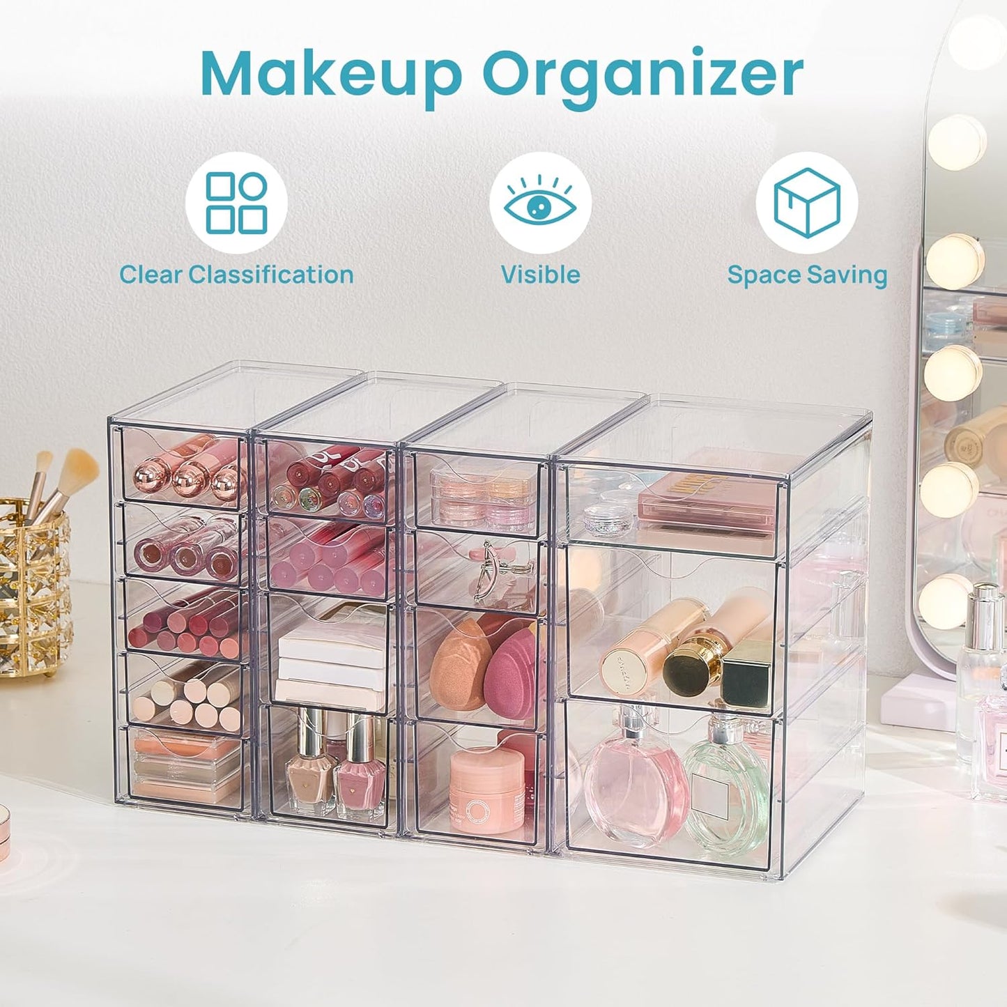 Vtopmart Clear Desk Organizer Set - 4-Piece Acrylic Storage with 16 Drawers for Office Supplies & Makeup