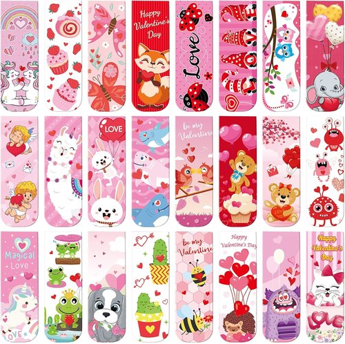 Honoson 48-Piece Valentine’s Day Magnetic Bookmark Set | Fun Page Markers & Clips for Kids, 24 Unique Designs