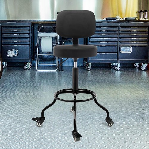 Heavy Duty Shop Stool | Ergonomic Backrest, Lockable Wheels & Adjustable Height, 350lbs Capacity (Black, 26"-31")