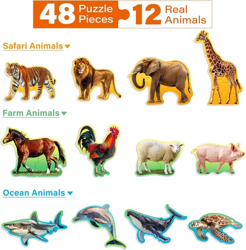 BenBen Animal Puzzles for Toddlers 2-4 | 12 Color-Coded Jigsaw Puzzles | 48 Educational Pieces