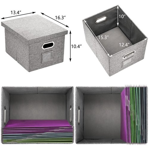 Hedume Set of 2 File Organizer Box, Collapsible Linen Filing Cabinets, Decorative Linen Filing Storage Hanging File Folders with Lids and Durable MDF Board, Space Saving File Folder Storage