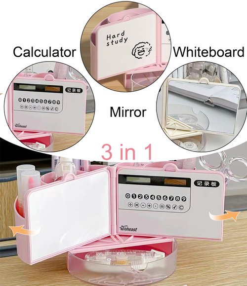 Pencil Pen Holder for Desk with Calculator, Mirror, 7 Slots 180° Opening, Desk Organizers and Accessories, Desktop Storage Stationery Supplies for Office, School, Home, Art Supply, Gifts(Pink)