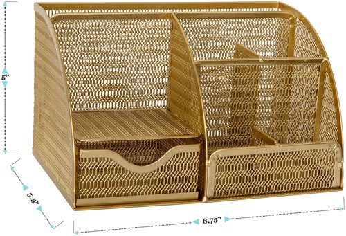 Martha Stewart Ryder Gold Mesh Metal Small Desktop Organizer for Office Accessories, Notebooks, Pen Holder and Drawer